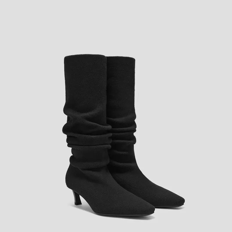 Mini Square-Toe Slouchy Knee-High Kitten Heel Boots (Rumi)